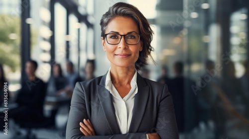 Smiling smart attractive mature Latin lady in glasses standing in lobby and looking at camera, she working in prosperous company