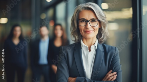 Successful mature businesswoman standing in creative office and looking at camera. Young woman entrepreneur in a coworking space smiling. Portrait of beautiful business woman standing in front of team