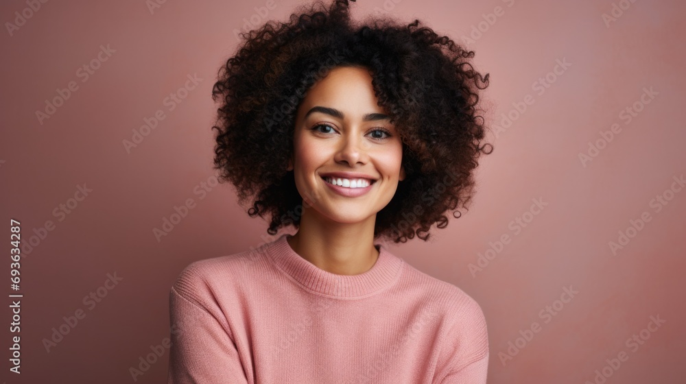 Portrait of young african woman standing with hands on waist and looking at camera. Confident stylish girl standing against pink background. Happy young mixed race woman smiling i with copy space. Portrait of young african woman standing with hands on waist and looking at camera. Confident stylish girl standing against pink background. Happy young mixed race woman smiling i with copy space.