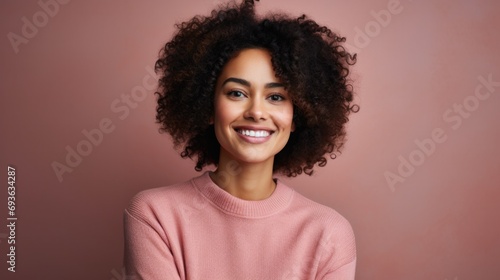 Portrait of young african woman standing with hands on waist and looking at camera. Confident stylish girl standing against pink background. Happy young mixed race woman smiling i with copy space.
