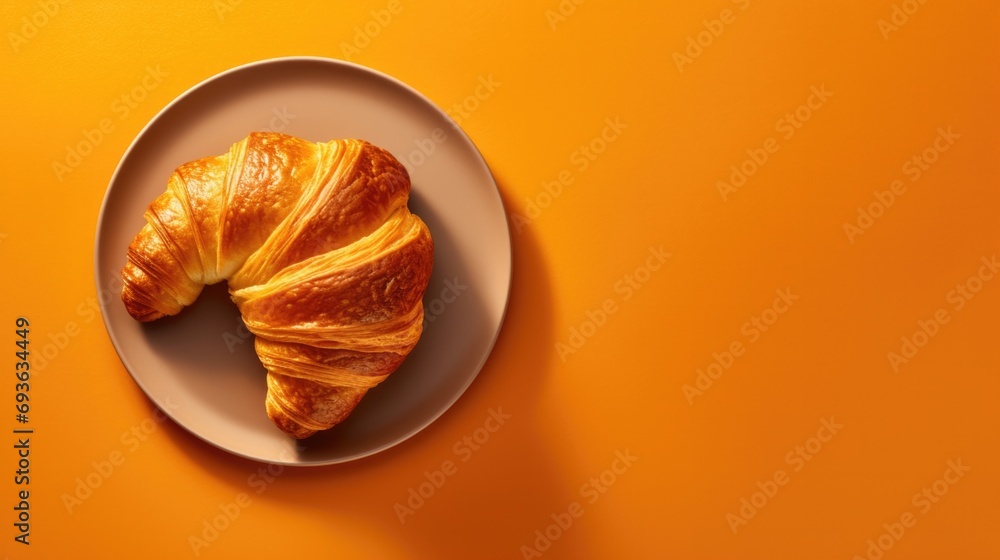 Delicious croissant on plate isolated on orange background with copy space Delicious croissant on plate isolated on orange background with copy space