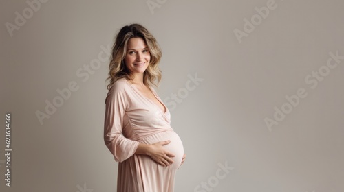 pregnancy, motherhood, people and expectation concept - close up of happy pregnant woman with big belly on white beige background 