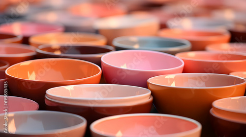 Assorted colorful bowls stacked, warm peach and pink tones, warm sunlight glow