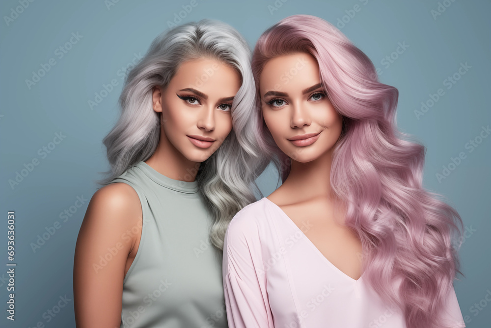Hairdressers demonstrating trendy cuts and colors, with space for hair trends Hairdressers demonstrating trendy cuts and colors, with space for hair trends