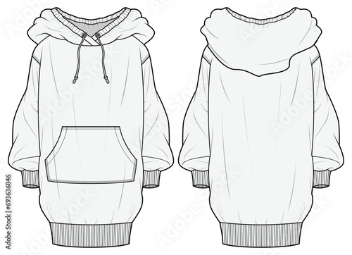 Rib Hem Drop Shoulder Oversize long Hoodie  Front and Back View. Fashion Illustration, Vector, CAD, Technical Drawing, Flat Drawing, Template, Mockup.