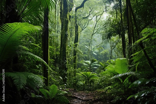 Dense Rainforest With Lush  Green Foliage