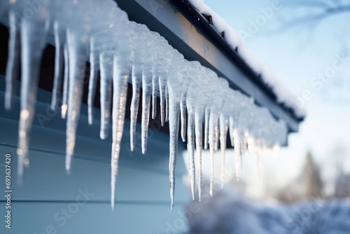 Icicles Hanging From House Roof In Cold Winter