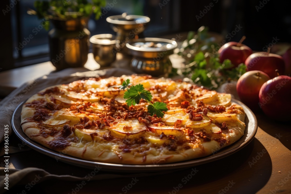 An apple pizza at a Christmas breakfast in front of the tree., generative IA