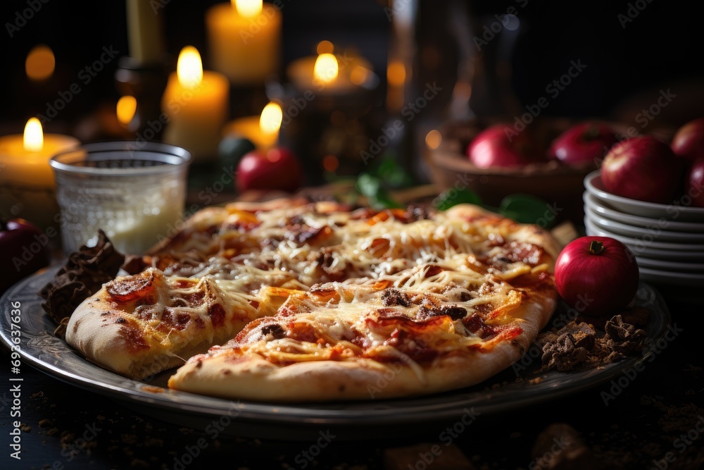 An apple pizza at a Christmas breakfast in front of the tree., generative IA