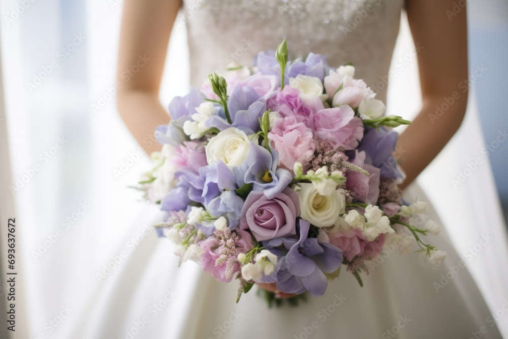 Elegant Bride Holding A Bouquet In Pastel Colors