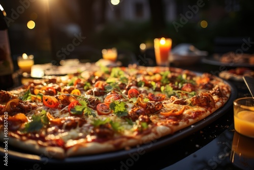A gelatin pizza at a summer party with barbecue and pool., generative IA photo