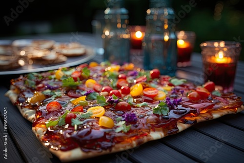 A gelatin pizza at a summer party with board games.  generative IA