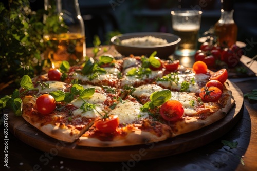 A fresh margherita pizza, with basil and tomato, served in a sunny courtyard., generative IA