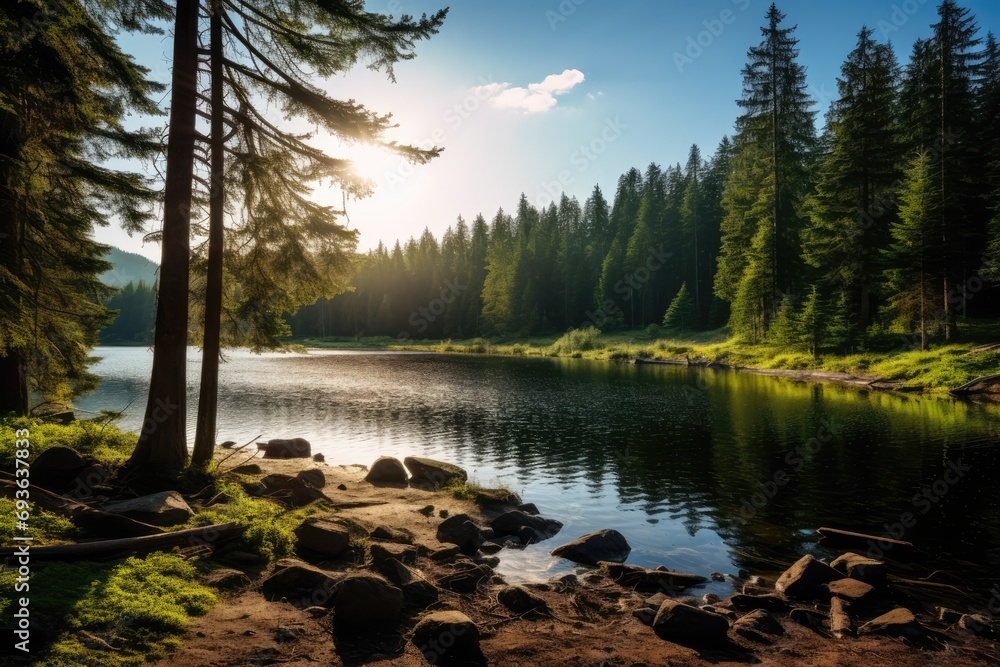 Naklejka premium Tranquil Natural Setting With Forest, Trees, Lake, And Sun