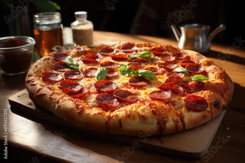 A perfectly baked pepperoni pizza on a rustic wooden table in an Italian pizzeria., generative IA