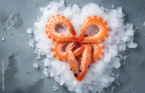 shrimps heart shape on grey snowy background top view