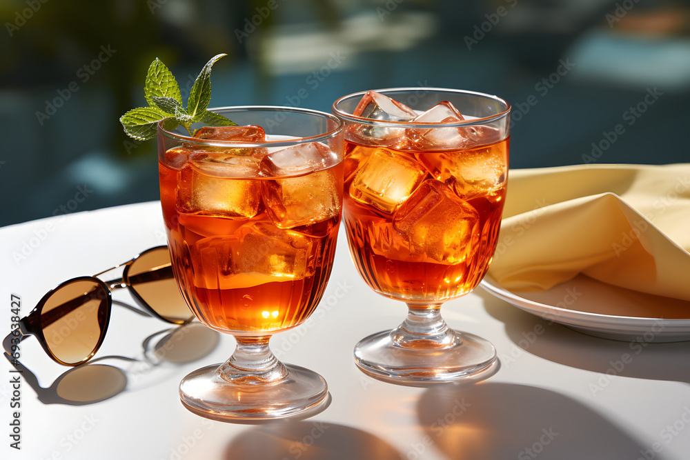 orange Italian alcoholic drink. two glasses with a cocktail and ice and women's sunglasses. orange Italian alcoholic drink. two glasses with a cocktail and ice and women's sunglasses.