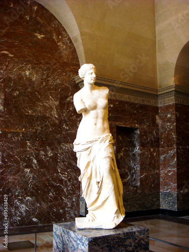 View of the Venus de Milo in the Louvre museum. Close-up. Paris. France.