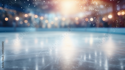 Closeup of the empty skating rink with blurry bokeh lights. Festive background, scratched surface of the ice skating arena with skate marks. Christmas holidays theme. Copy space.