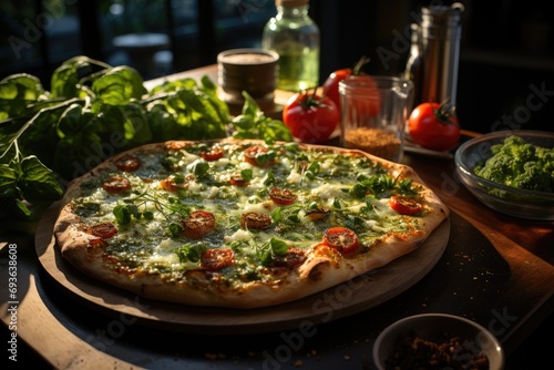 A pizza of pesto with vibrant green sauce served in a modern kitchen., generative IA