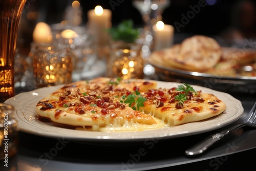 A vanilla pudding pizza at a formal dinner with silver cutlery., generative IA