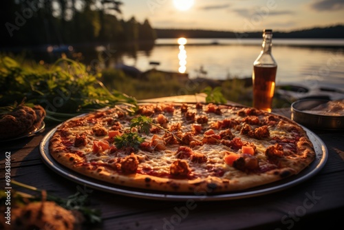 A vanilla pudding pizza on a picnic on the edge of a lake., generative IA photo
