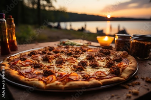 A vanilla pudding pizza on a picnic on the edge of a lake., generative IA