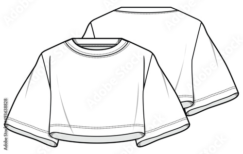 Flared Short Sleeve Oversized Crop T-Shirt Top, Gym Oversized Crop Top Front and Back View. Fashion Flat Sketch Vector Illustration, CAD, Technical Drawing, Flat Drawing, Template, Mockup.