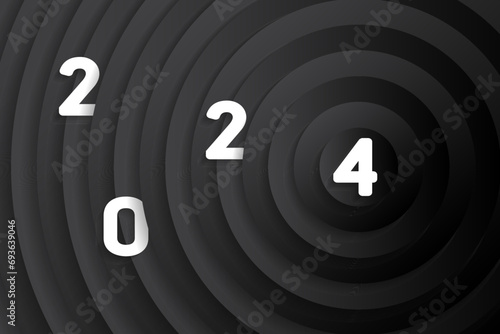 2024 white new year number on black gradient circles background. Vector banner design. 2024 calendar cover.