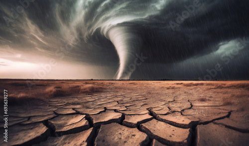 Big tornado storm above the desolate land. Dry cracked ground field and weather disasters caused by the global climate change. Environmental problem concept photo