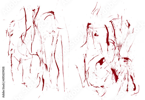 Red Splashed Ink. Freehand Brush Splat. Surface Chaotically Splashed with Red Paint. Abstract Irregular Stains. No Background.Irregular Abstract Blood-like Splatter.