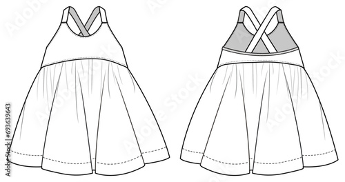 Kids Girls Back Criss Cross Strappy Flared Frock Dress Front and Back View. Fashion Flat Sketch Vector Illustration, CAD, Technical Drawing, Flat Drawing, Template, Mockup.