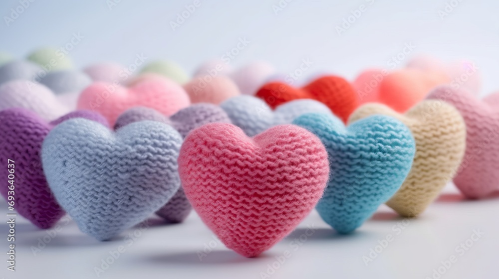 Obraz premium colorful knitted hearts with colored background for valentine's day, babyshower, presentation