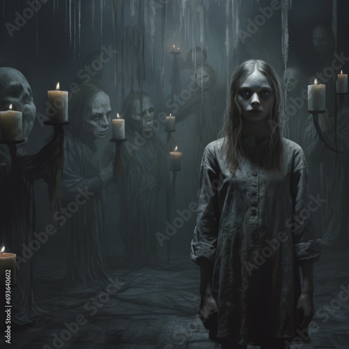 a girl standing in a room with many candles