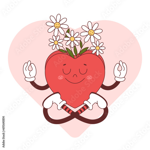 Happy heart doing yoga in groove style. 60s and 70s retro style.  Vector Valentine's Day Poster Template