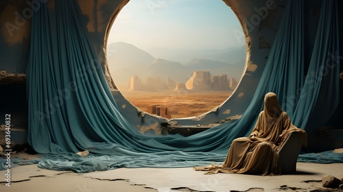 Conceptual image of a beautiful desert landscape with a man in a hood sitting in a chair. photo
