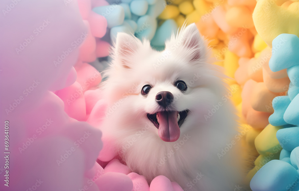 Lovely fluffy dog climbs out of hole in colored pastel background