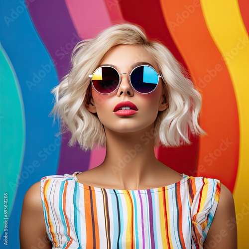 Fashionable female with colorful sunglasses on colorful background