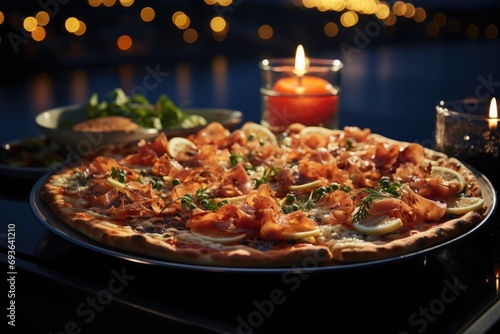 A pizza of smoked salmon on a luxury yacht anchored in the high seas., generative IA