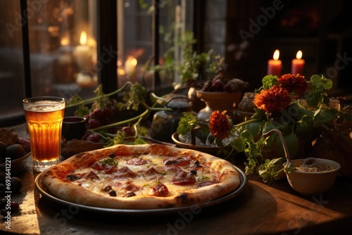 A dessert pizza in a cozy coffee with fireplace., generative IA