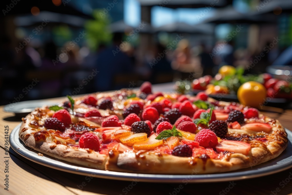 A fruit pie pizza in an outdoor brunch with colorful umbrellas., generative IA