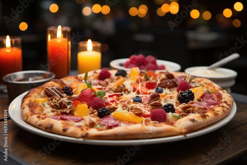 A fruit pie pizza in an outdoor brunch with colorful umbrellas., generative IA