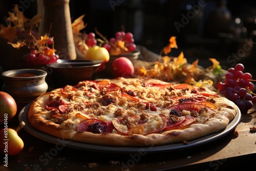 A fruit pie pizza in a fall brunch with falling leaves., generative IA