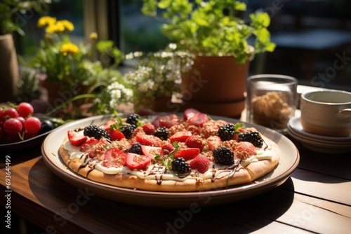 A fruit pie pizza on a brunch on the terrace overlooking a garden., generative IA