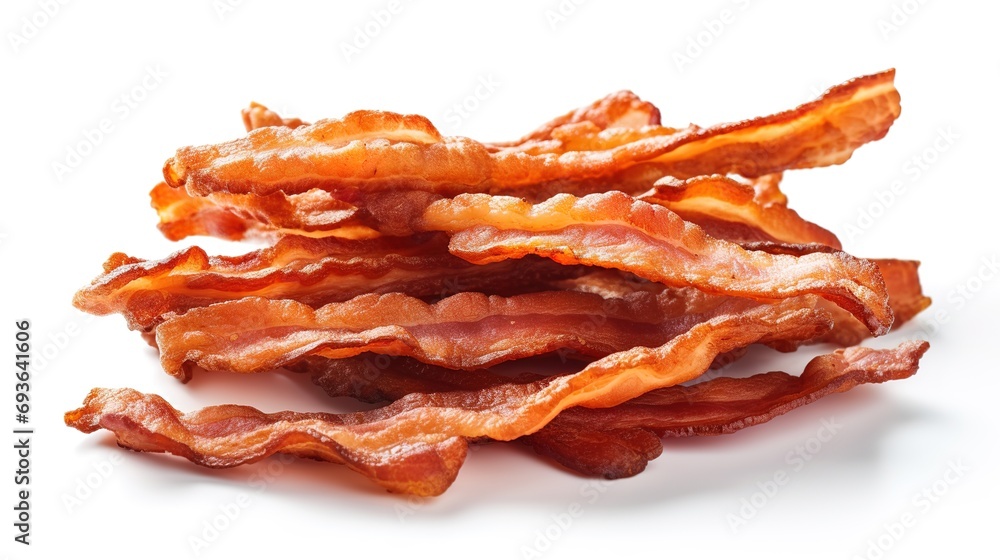 Crispy fried bacon strips, a salty and fatty American breakfast staple, isolated on a white background Crispy fried bacon strips, a salty and fatty American breakfast staple, isolated on a white background