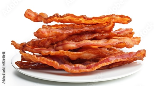 Crispy fried bacon strips, a salty and fatty American breakfast staple, isolated on a white background photo