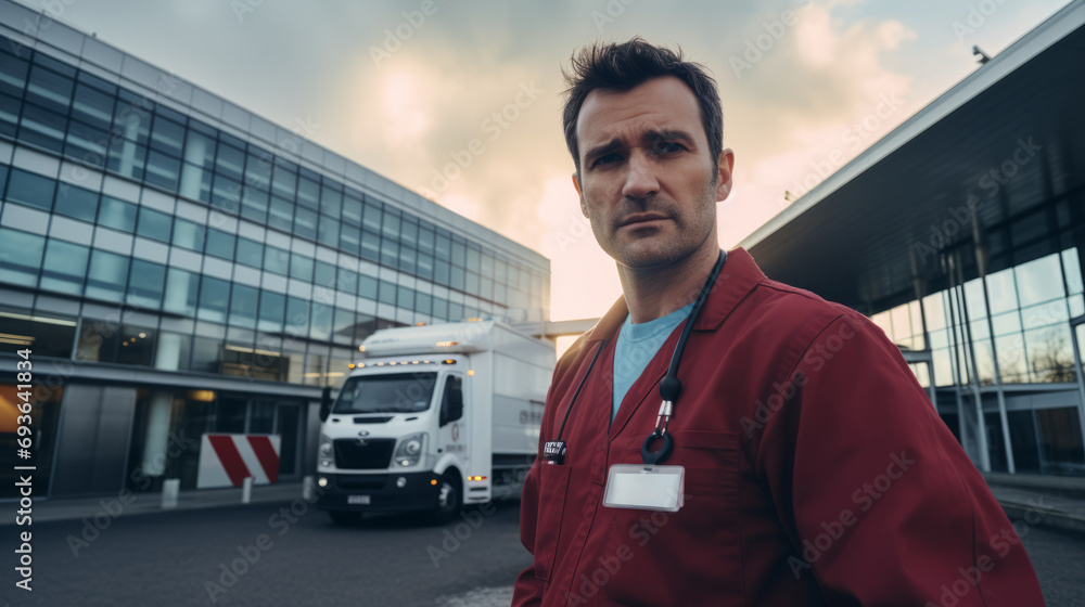 Photo of paramedic man in front of hospital Photo of paramedic man in front of hospital