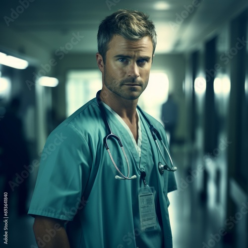 a man in scrubs with a stethoscope around his neck