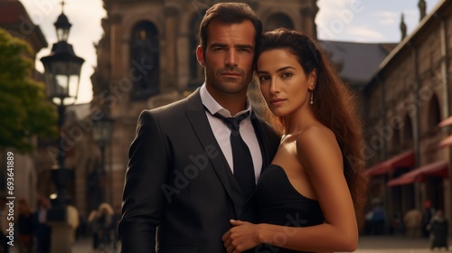 Young couple posing hugging in front of a historical building