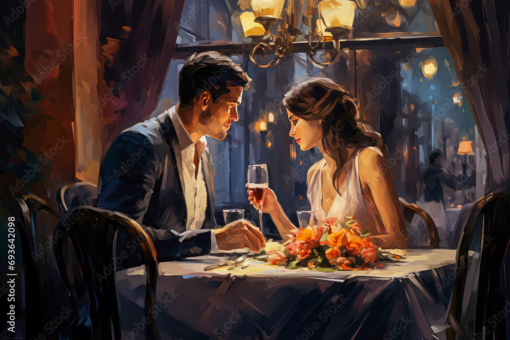 Couple sitting in a restaurant. illustration in retro style.